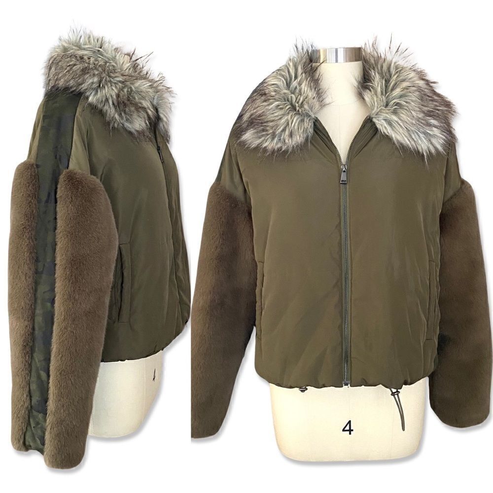 Adrienne Landau olive green faux fur nylon hooded army bomber jacket winter M